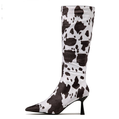 Women's Pointed Toe Cow Print Side Zipper Flared Heel Mid Calf Boots