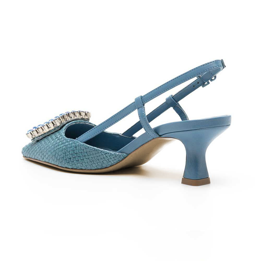 Blue Woven Pointed Toe Slingback Heels with Rhinestone Buckle