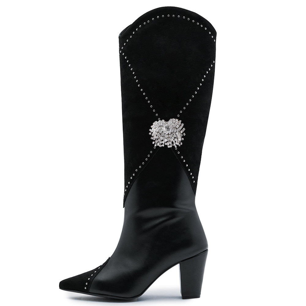Black Vegan Suede Splicing Pointed Toe Rhinestone Western Tall Boots