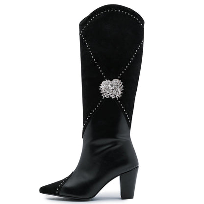 Black Vegan Suede Splicing Pointed Toe Rhinestone Western Tall Boots