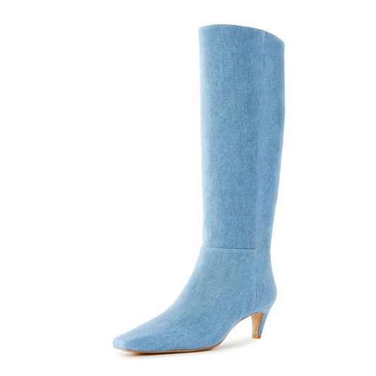 Blue Denim Square Toe Knee High Boots for Women with Kitten Heel