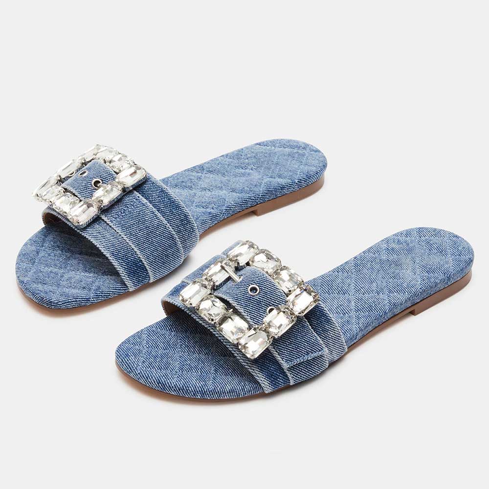 Women's Denim Square Toe Rhinestone Embellished Buckle Flat Slippers