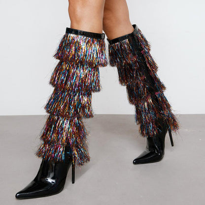 Black Patent Leather Multicolor Fringe Heeled Knee High Boots