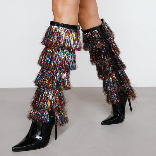 Black Patent Leather Multicolor Fringe Heeled Knee High Boots