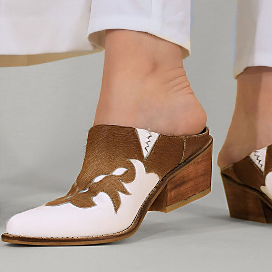 White & Brown Fur Patchwork Pointed Toe Western Mules for Women