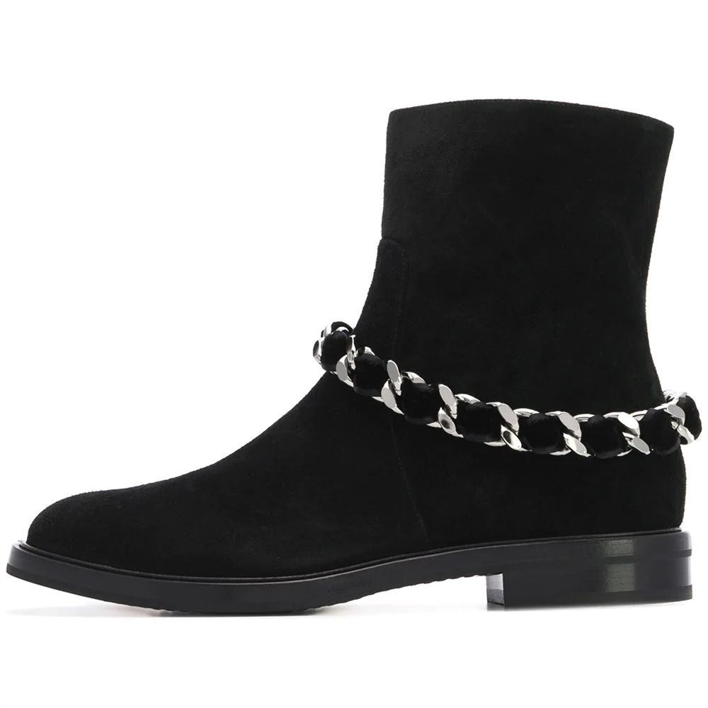 Women's Black Casual Vegan Suede Flats Ankle Boots with Chain