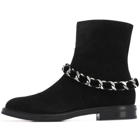 Women's Black Casual Vegan Suede Flats Ankle Boots with Chain