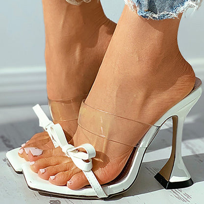 White Square Toe Mules Shoes Clear Strap Bow Flared Heel Sandals