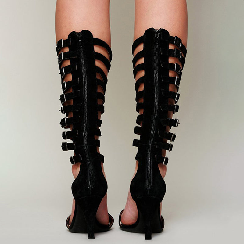Black Gladiator Heels Open Toe Buckled Strappy Sandals for Women