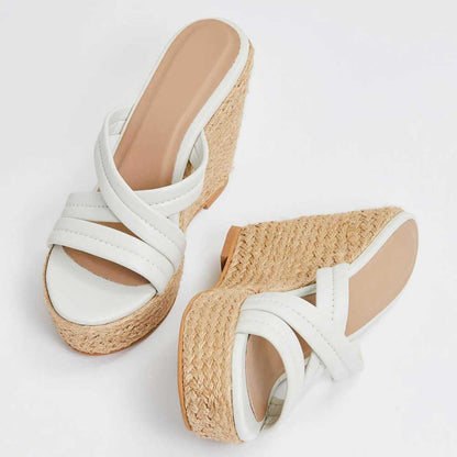 White Platform Mules Criss Cross Straps Wedge Espadrille Sandals