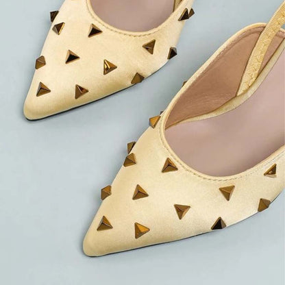 Yellow Satin Slingback Pumps Pointed Toe Rivets Kitten Heels for Women