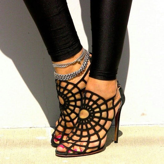Women's Spider-Man Black Web Hollow-Out Heeled Sandals for Halloween