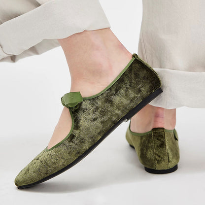Green Velvet Almond Toe Bow Strap Decor Ballet Flats for Women