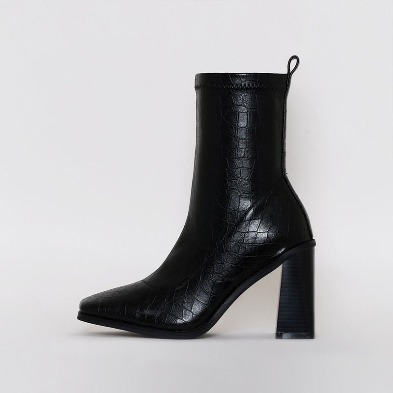 Black Bamboo Chunky Heel Pointy Toe Mid Calf Boots