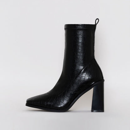 Black Bamboo Chunky Heel Pointy Toe Mid Calf Boots