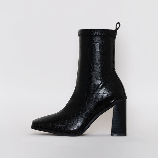 Black Bamboo Chunky Heel Pointy Toe Mid Calf Boots