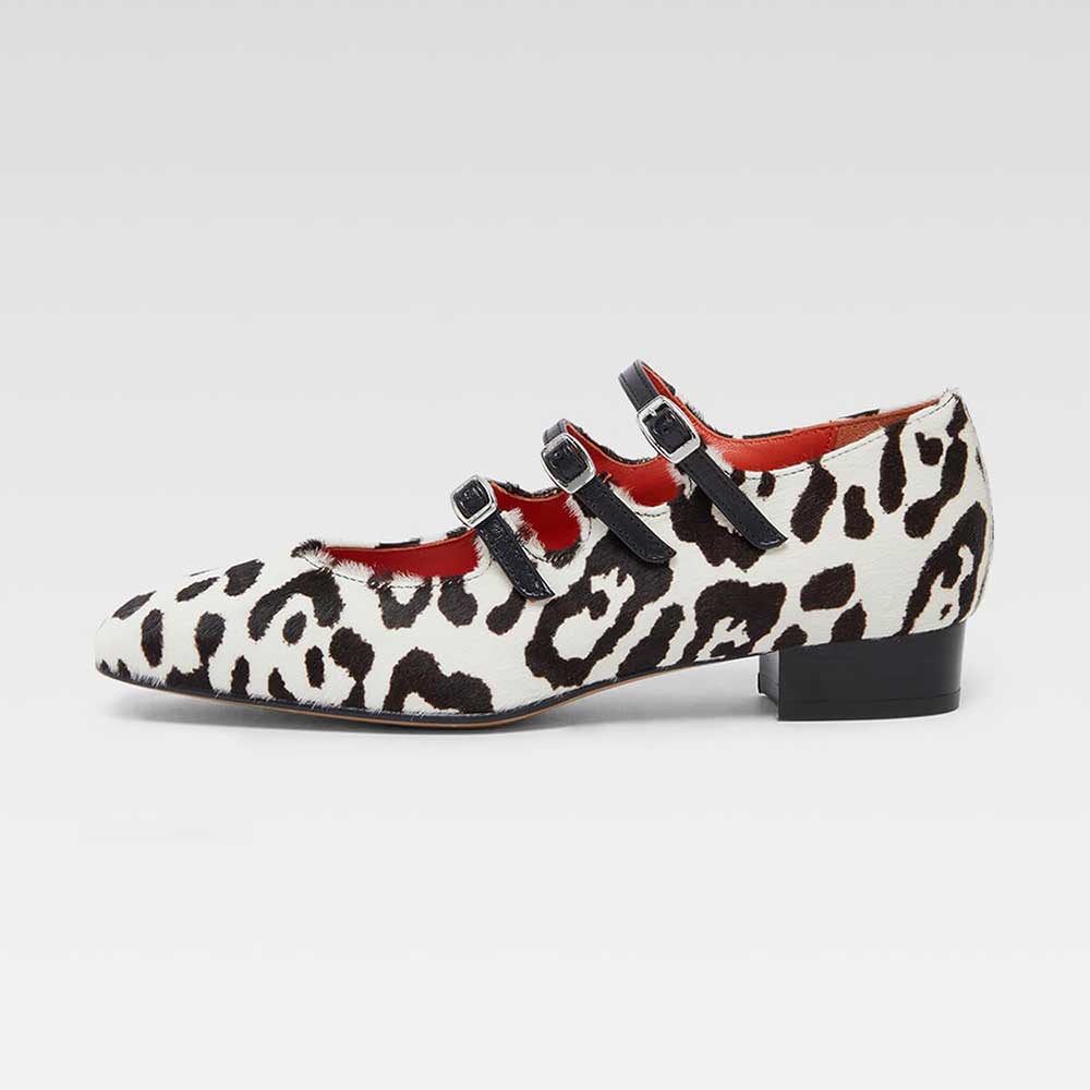 Stylish White & Black Square Toe Leopard Print Mary Jane Flats
