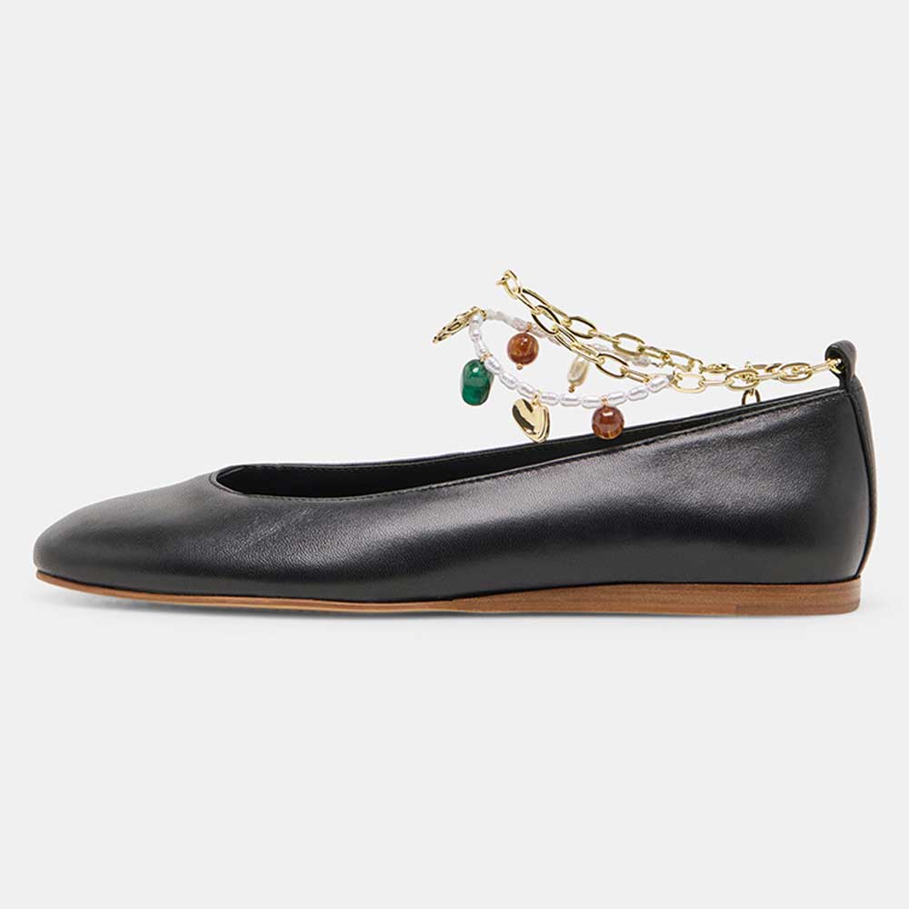 FSJ Women's Black Round Toe Jewelry Decor Gold Chain Flats