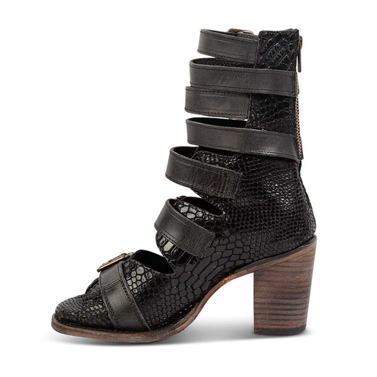 Black Snakeskin Pattern Peep Toe Chunky Heel Buckle Ankle Boots