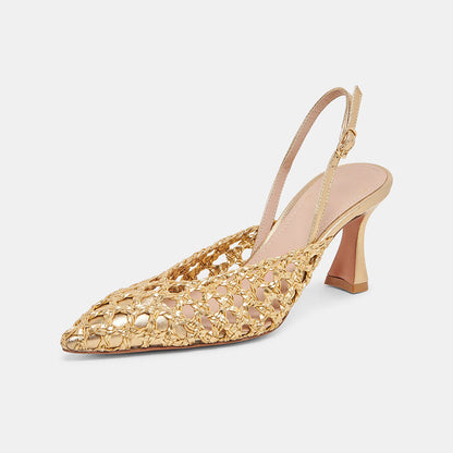 Gold Metallic Finish Pointed Toe Woven Cut-Out Slingback Heels