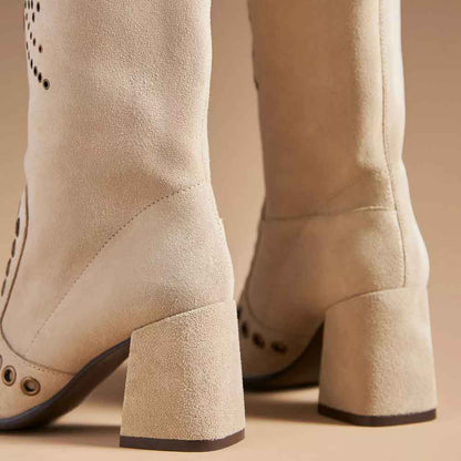 Beige Vegan Suede Square Toe 3'' Block Heel Cut-Out Knee High Boots