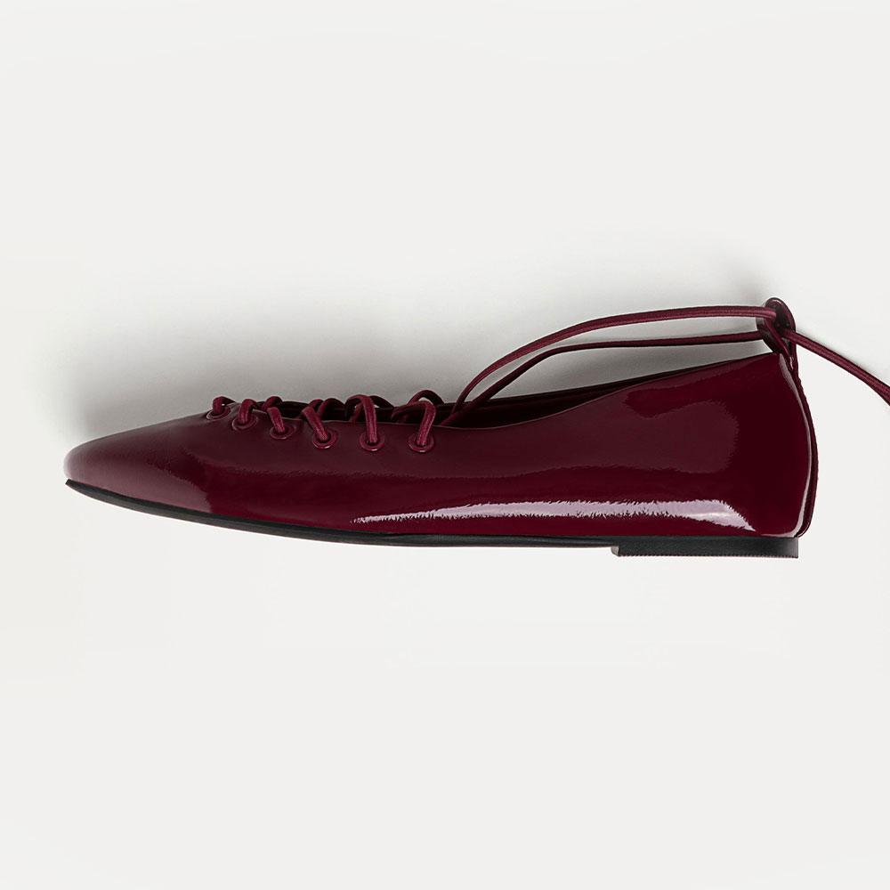 Burgundy Patent Leather Round Toe Lace-Up Ballet Flats with Straps