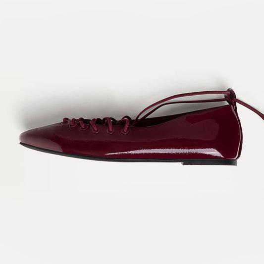 Burgundy Patent Leather Round Toe Lace-Up Ballet Flats with Straps