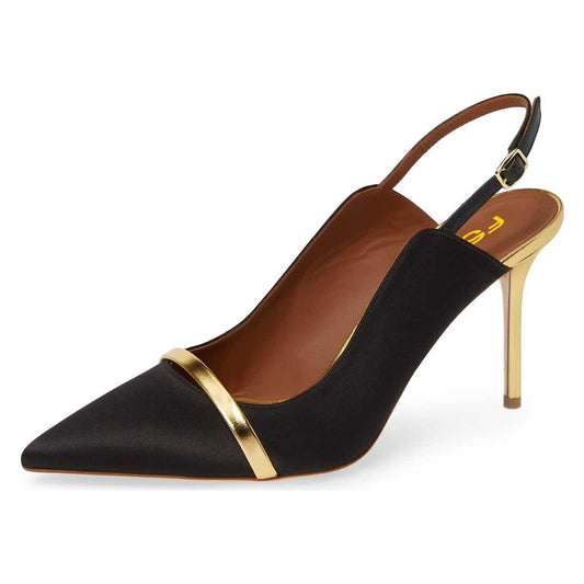Women's Satin Pointed Toe Slingback Black Pumps with Gold Strap