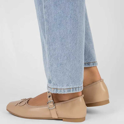 Stylish Nude Square Toe Bow Decor Ballet Flats with Buckled Strap