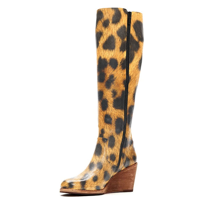 Women's Leopard Print Wedge Heel Side Zipper Knee High Boots