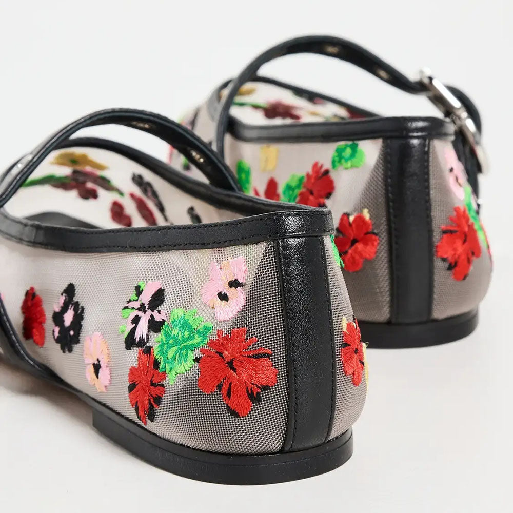 White Mesh Multi Color Floral Embroidery Buckle Strap Mary Jane Flats