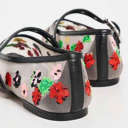 White Mesh Multi Color Floral Embroidery Buckle Strap Mary Jane Flats