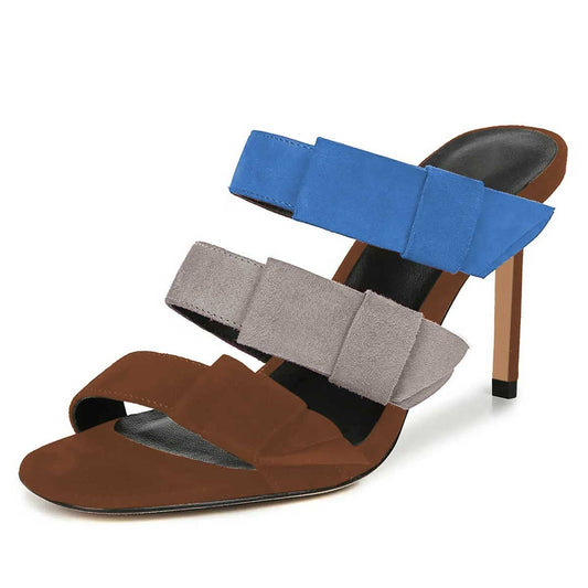Triple Color Vegan Suede Open Toe Bow Strap Stiletto Heeled Mules