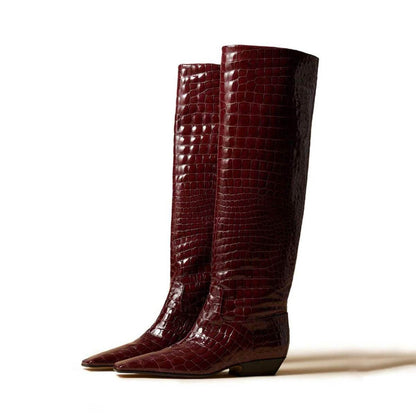 Maroon Crocodile Embossed Square Toe Chunky Heel Knee High Boots