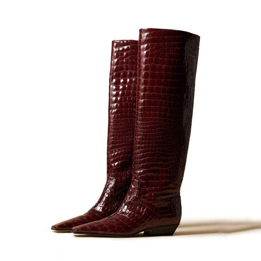 Maroon Crocodile Embossed Square Toe Chunky Heel Knee High Boots