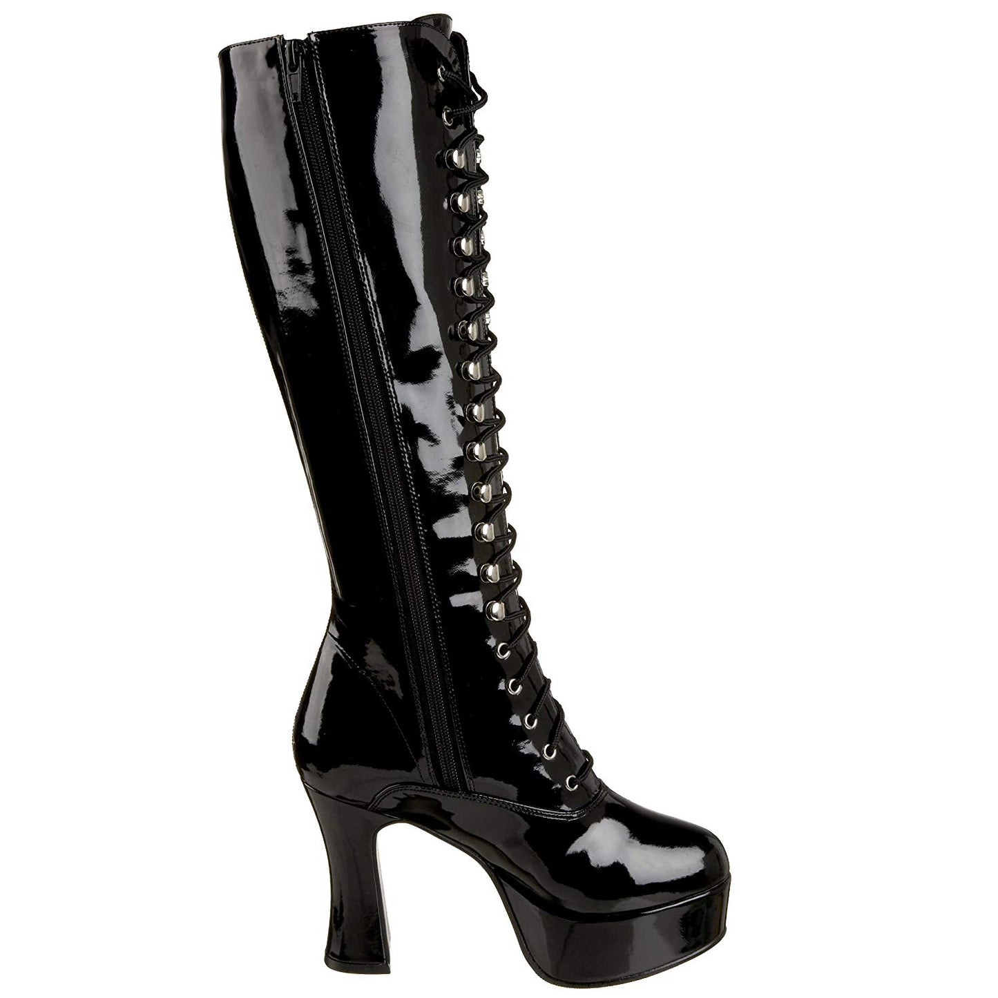 Vintage Black Patent Leather Lace-Up Knee High Boots with Platform