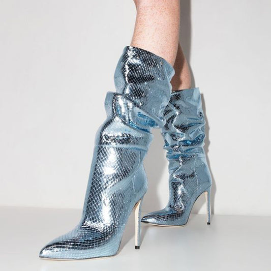 Light Blue Snakeskin Pointed Toe Stiletto Heel Calf Height Boots