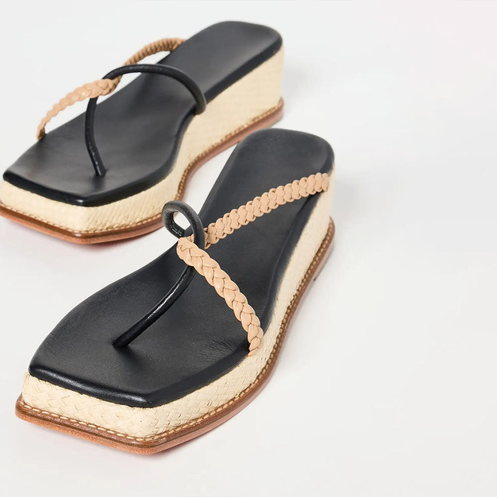 Black & Beige Woven Raffia Square Toe Platform Wedge Sandals for Women