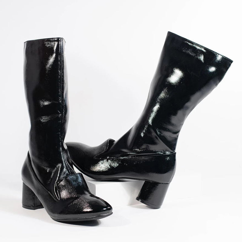 Black Chunky Heel Mid Calf Boots