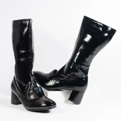Black Chunky Heel Mid Calf Boots