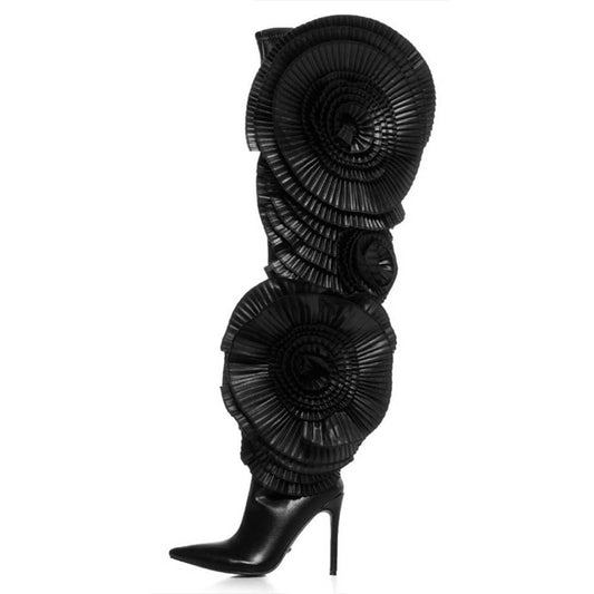 Black Pointed Toe Heeled Thigh High Boots with Pleated Floral