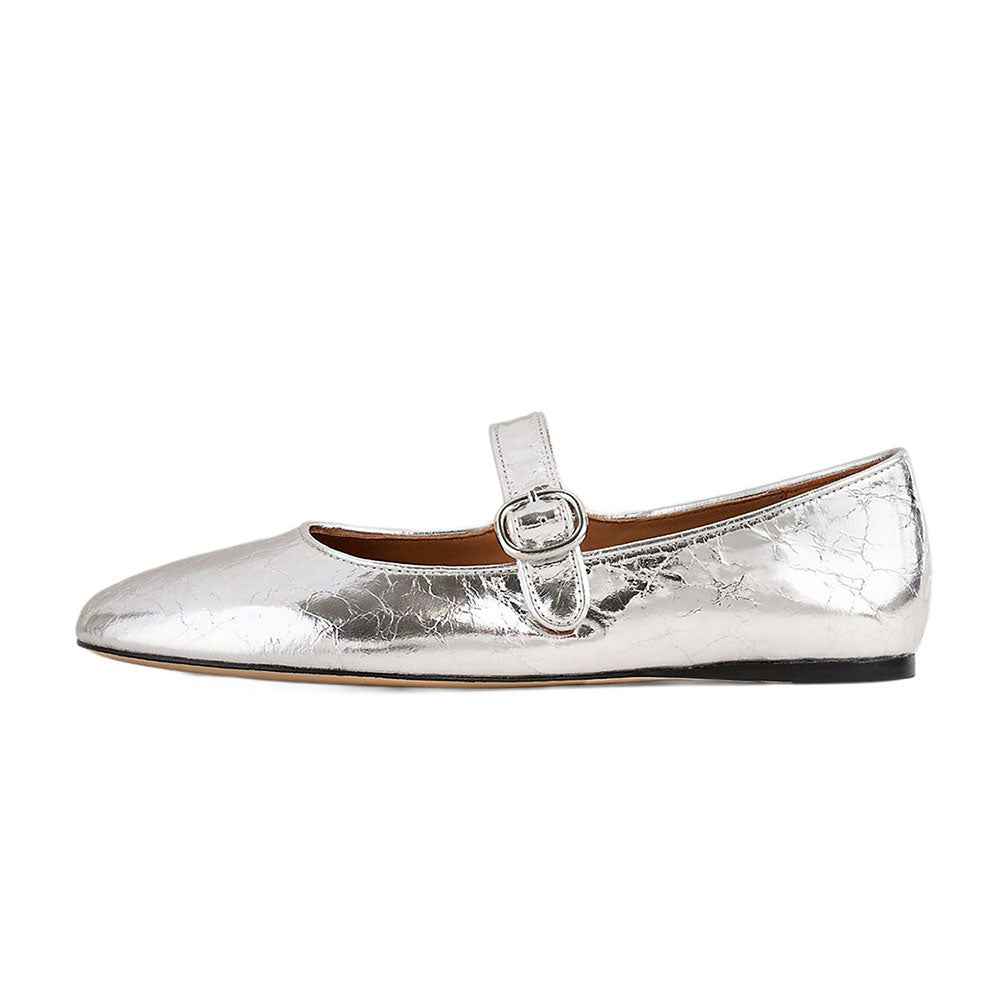 Silver Metallic Finish Round Toe Buckle Strap Mary Jane Flats