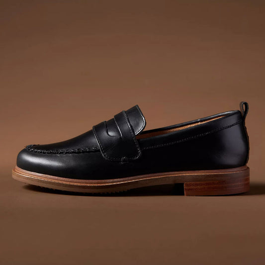 Black Round Toe Stacked Heel Business Casual Penny Loafers for Women