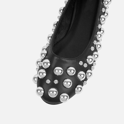 Black Vegan Leather Round Toe Flats with Silver Studs