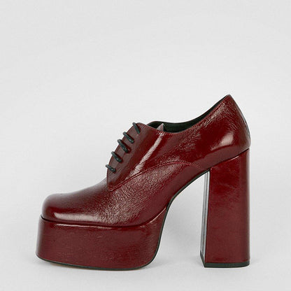 Maroon Square Toe Chunky Heel Lace Up Platform Loafers