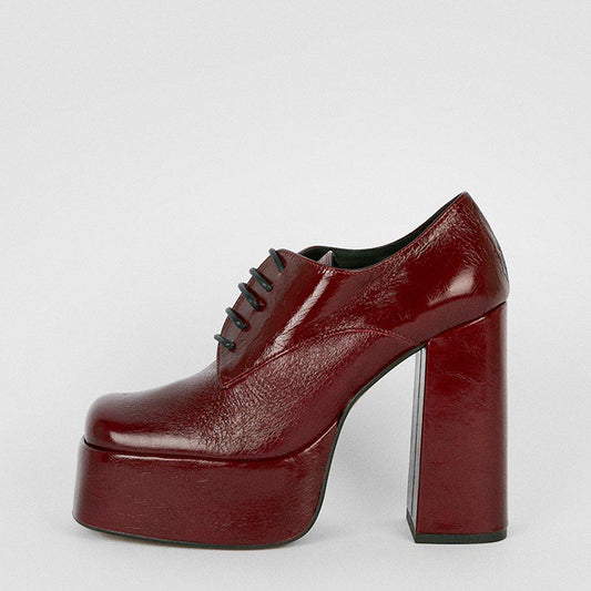 Maroon Square Toe Chunky Heel Lace Up Platform Loafers