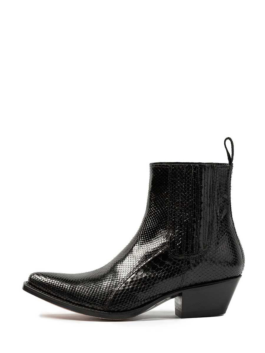 Black Vegan Leather Croc-Embossed Block Heel Cowgirl Ankle Boots