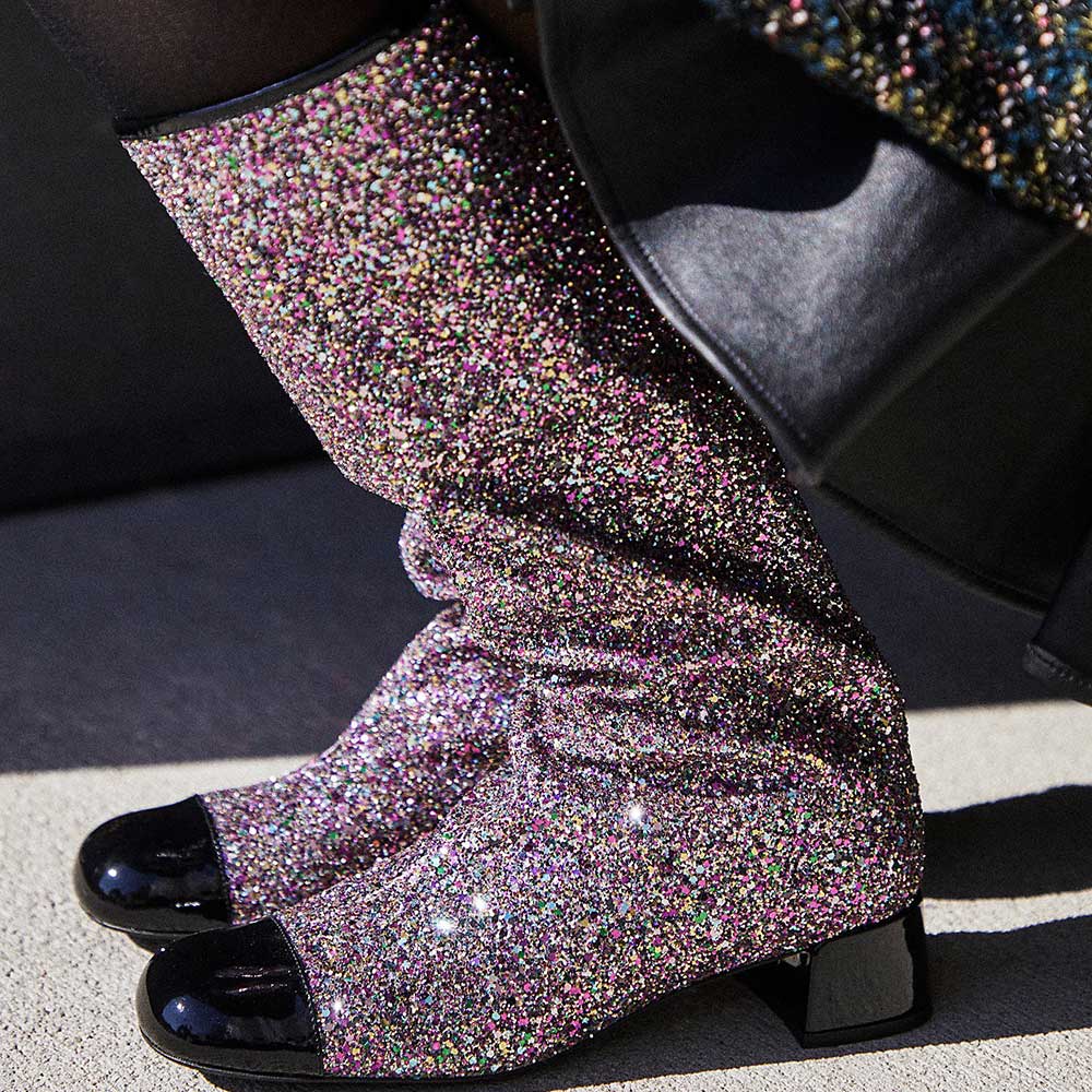 Black & Purple Glitter Round Toe Block Heel Knee High Boots