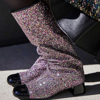 Black & Purple Glitter Round Toe Block Heel Knee High Boots