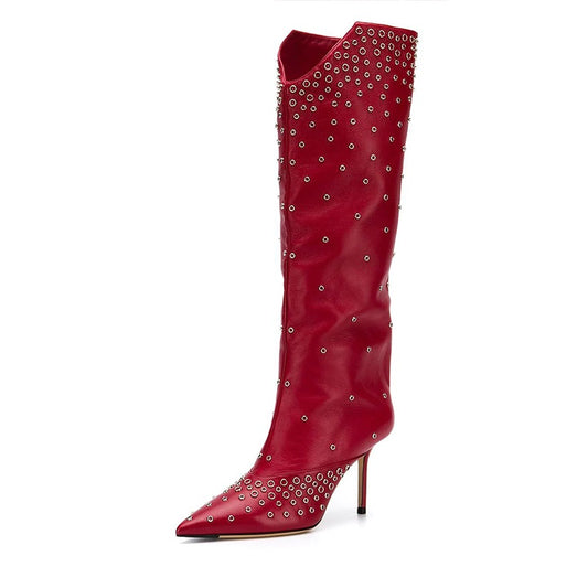 Red Studs Stiletto Heel Pointed Toe Knee High Boots